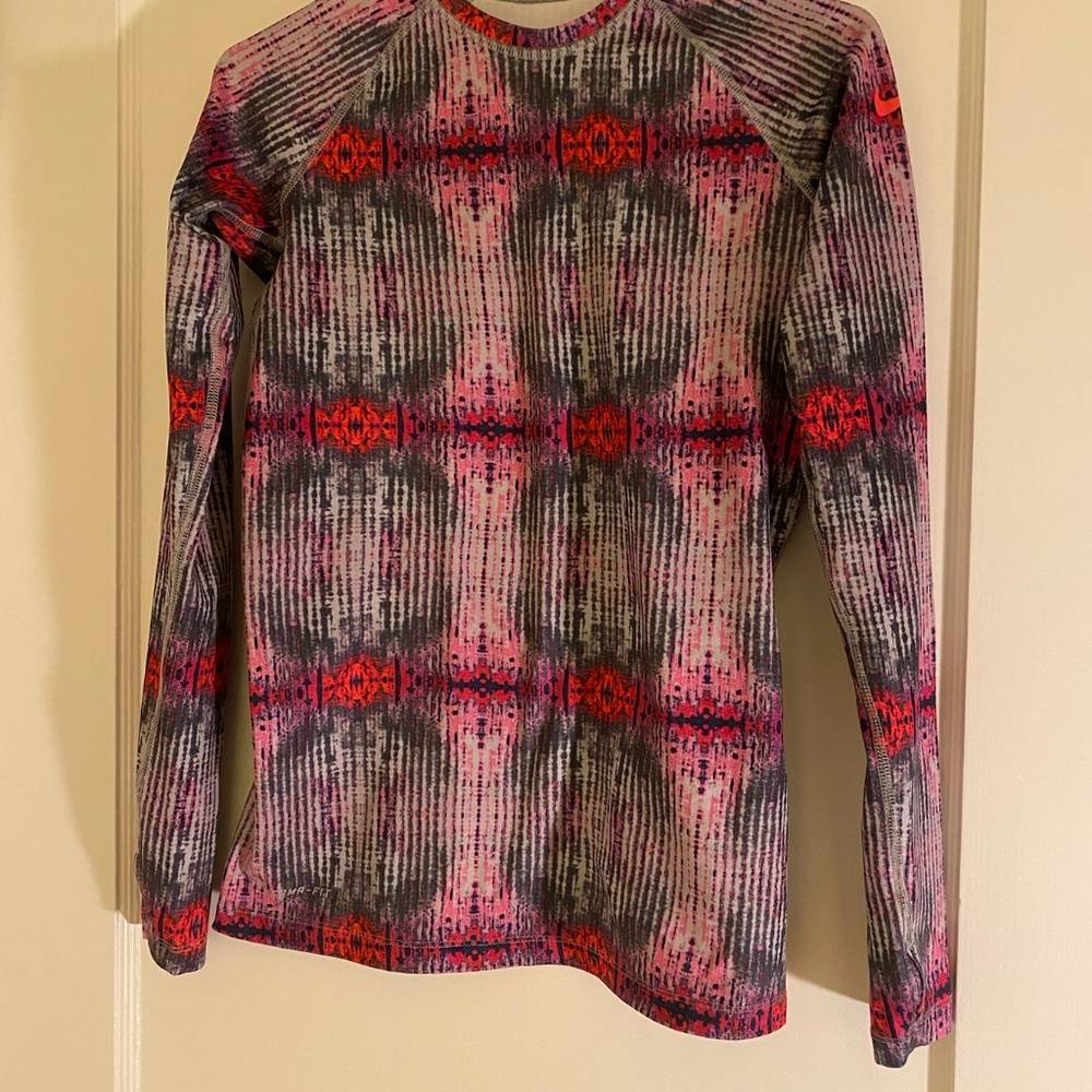 Nike Pro Womens Small Gray Pink Red Thumb Holes Running Gym Crew Shirt